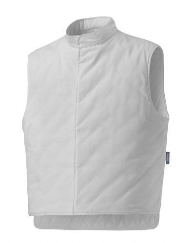 Gilet isotermico, imbottitura in ovatta, trapuntato internamente, colletto alla coreana, chiusura con zip lunga, colore bianco