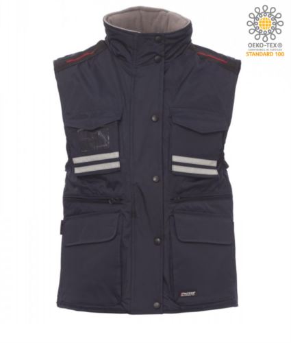 Gilet multitasche donna, zip in plastica con cursore in metallo, spacchetti laterali, colore navy blu