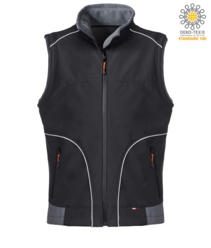 Gilet da lavoro in softshell colore nero, con inserti rinfrangenti. Tessuto in Poliestere.