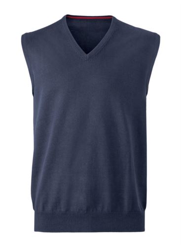 Gilet uomo con scollo a V, senza maniche, colore blu navy, tessuto a maglia 100% cotone. Contattaci per un preventivo gratuito.