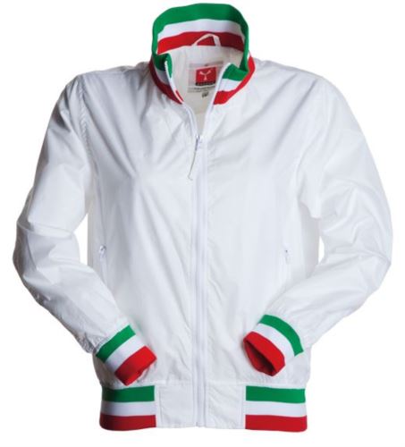 Giubbino donna non imbottito in nylon con tessuto drytech; colletto, polsini e vita in rib con colori bandiera. Colore Bianco con bandiera Italia