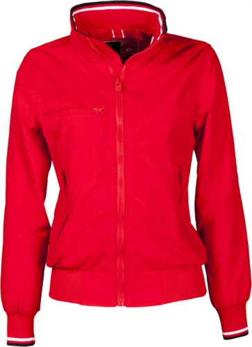 Giubbino donna sfoderato in nylon da donna, colletto, polsini e vita in rib elasticizzato con profili colorati rosso e bianco. Taschino con chiusura a cerniera sul petto. Colore Rosso