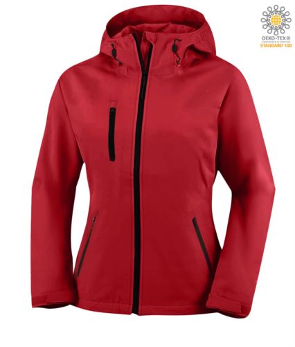 Giubbino donna in softshell a due strati con cappuccio, waterproof. Colore rosso