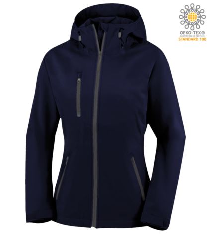 Giubbino donna in softshell a due strati con cappuccio, waterproof. Colore blu navy