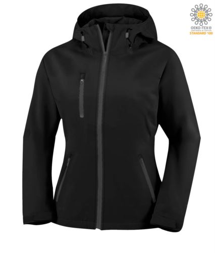 Giubbino donna in softshell a due strati con cappuccio, waterproof. Colore nero