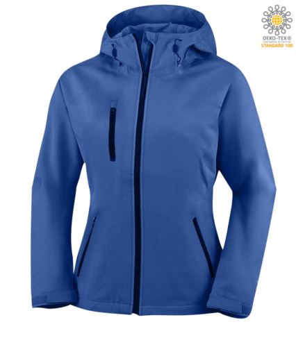 Giubbino donna in softshell a due strati con cappuccio, waterproof. Colore Azzurro Royal