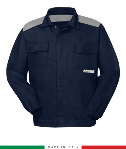 Giubbino pentavalente bicolore, chiusura a bottoni coperti, due tasche sul petto, polsini con elastico, inserti di colore su spalle e interno collo, Made in Italy, colore blu navy/giallo
