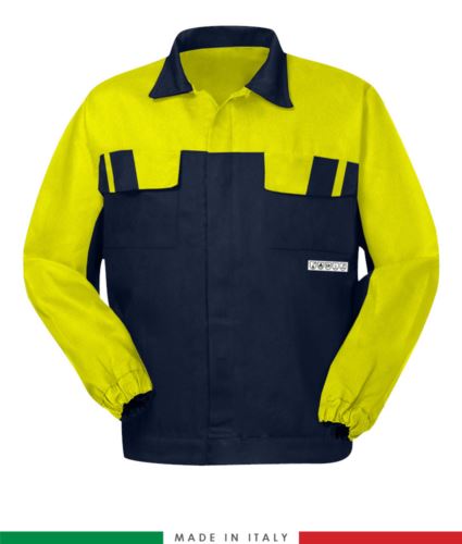 Giubbino pentavalente bicolore, chiusura con bottoni coperti, polsini a elastico, due tasche sul petto, Made in Italy, colore blu navy/giallo