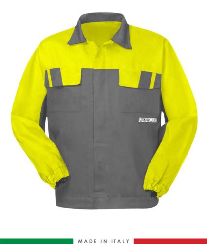 Giubbino pentavalente bicolore, chiusura con bottoni coperti, polsini a elastico, due tasche sul petto, colore grigio/giallo, giubbino arco elettrico