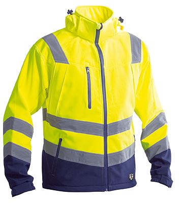 Giubbino softshell 3 strati alta visibilità bicolore, impermeabile e traspirante, cappuccio staccabile, bande alla vita e sulle maniche, certificata EN 343: 2008, EN 20471: 2013. Colore Giallo/Blu