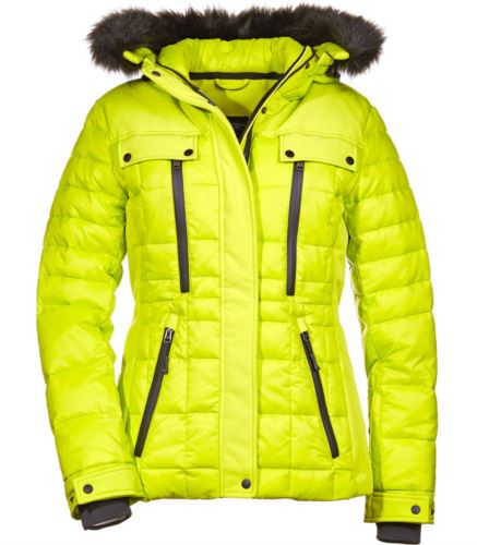 Giubbotto donna imbottito con cappuccio con pelliccia ecologica. Vestibilità Slim Fit, elementi imbottiti e softshell, antivento e idrorepellente, cerniera doppia direzione, quattro tasche chiuse con cerniera. Colore: Giallo Acido