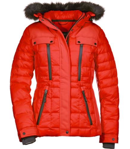 Giubbotto donna imbottito con cappuccio con pelliccia ecologica. Vestibilità Slim Fit, elementi imbottiti e softshell, antivento e idrorepellente, cerniera doppia direzione, quattro tasche chiuse con cerniera. Colore: Rosso