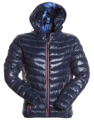 Giubbotto imbottito donna con cappuccio, zip sportiva in contrasto, due tasche esterne, interno a colori in contrasto colore blu navy-mimetico blu