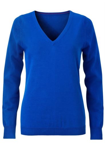 Maglioncino donna con collo a V, senza maniche, scollo e polsi a costine elastiche, tessuto a maglia 100% cotone. Colore blu royal