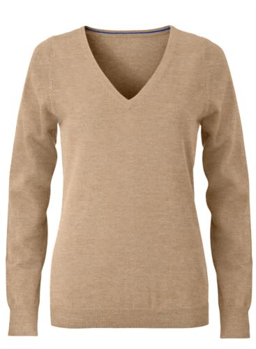 Maglioncino donna con collo a V, senza maniche, scollo e polsi a costine elastiche, tessuto a maglia 100% cotone. Colore cammello