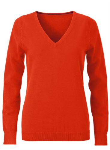 Maglioncino donna con collo a V, senza maniche, scollo e polsi a costine elastiche, tessuto a maglia 100% cotone. Colore arancione