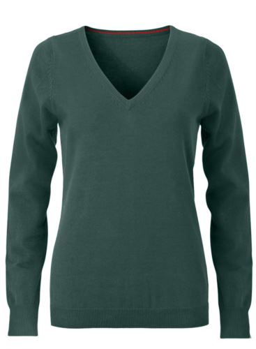 Maglioncino donna con collo a V, senza maniche, scollo e polsi a costine elastiche, tessuto a maglia 100% cotone. Colore verde foresta