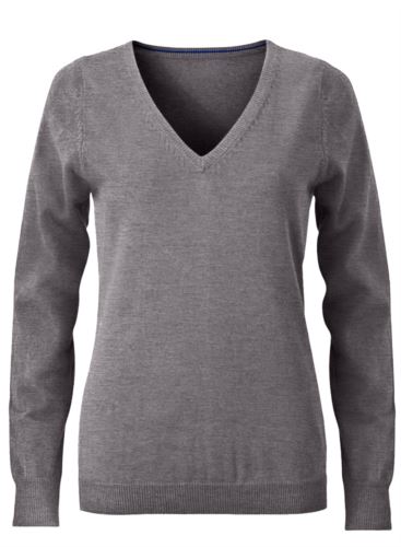 Maglioncino donna con collo a V, senza maniche, scollo e polsi a costine elastiche, tessuto a maglia 100% cotone. Colore grigio