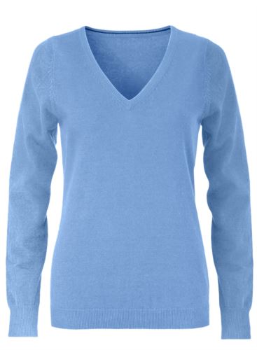 Maglioncino donna con collo a V, senza maniche, scollo e polsi a costine elastiche, tessuto a maglia 100% cotone. Colore azzurro