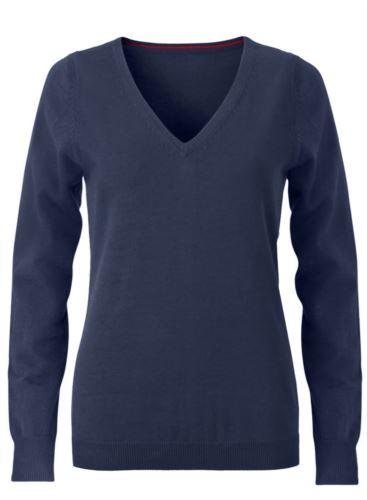 Maglioncino donna con collo a V, senza maniche, scollo e polsi a costine elastiche, tessuto a maglia 100% cotone. Colore blu navy