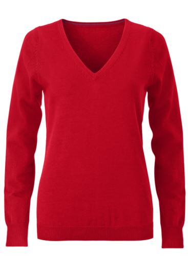 Maglioncino donna con collo a V, senza maniche, scollo e polsi a costine elastiche, tessuto a maglia 100% cotone. Colore rosso