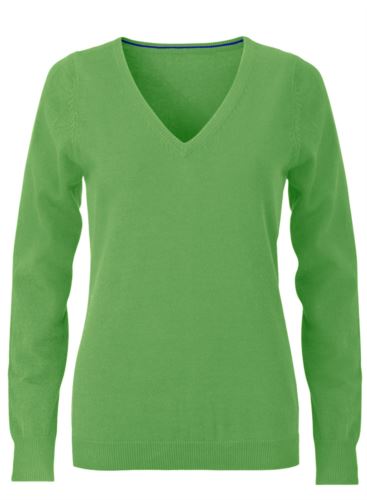 Maglioncino donna con collo a V, senza maniche, scollo e polsi a costine elastiche, tessuto a maglia 100% cotone. Colore verde