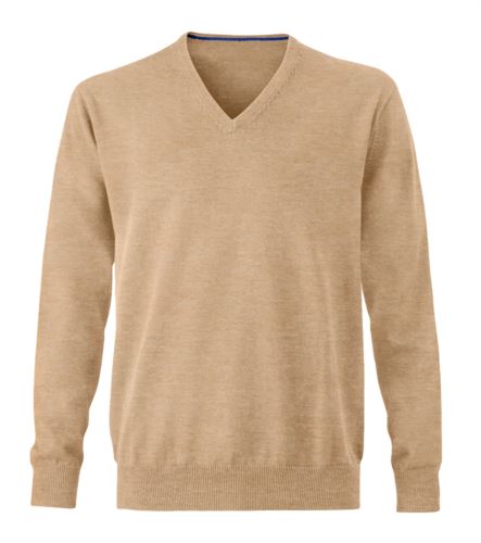 Maglioncino uomo con collo a V, senza maniche, scollo e polsi a costine elastiche, tessuto a maglia 100% cotone. Colore cammello