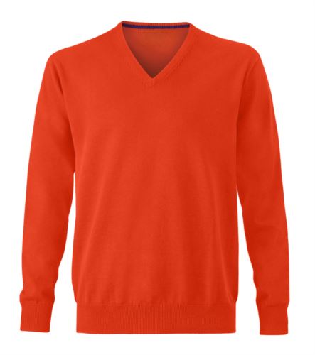 Maglioncino uomo con collo a V, senza maniche, scollo e polsi a costine elastiche, tessuto a maglia 100% cotone. Colore arancione