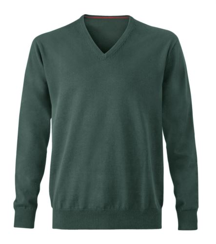 Maglioncino uomo con collo a V, senza maniche, scollo e polsi a costine elastiche, tessuto a maglia 100% cotone. Colore verde foresta