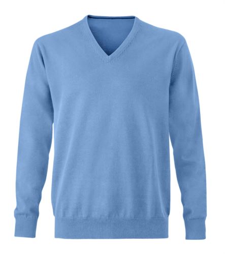 Maglioncino uomo con collo a V, senza maniche, scollo e polsi a costine elastiche, tessuto a maglia 100% cotone. Colore azzurro