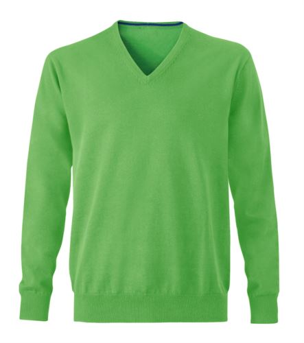 Maglioncino uomo con collo a V, senza maniche, scollo e polsi a costine elastiche, tessuto a maglia 100% cotone. Colore verde