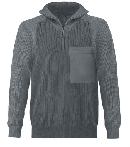 Maglione uomo collo alto, zip lunga, toppe spalle e gomiti, due tasche in vita, tessuto 100% acrilico, colore grigio