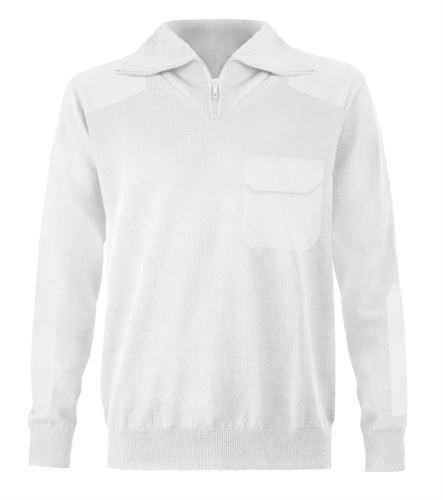 Maglione uomo collo alto, zip corta, toppe spalle e gomiti, taschino con patella, tessuto 100% acrilico, colore bianco