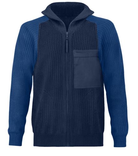 Maglione uomo collo alto, zip lunga, toppe spalle e gomiti, due tasche in vita, tessuto 100% acrilico, colore blu navy