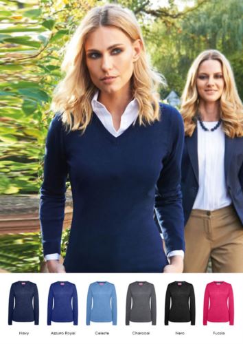 Maglione donna scollo a V, maniche lunghe, costine sul collo e polsini, tessuto cotone e acrilico