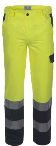 Pantalone alta visibilità bicolore con doppia banda su fondo gamba, certificata EN 20471, colore giallo/blu