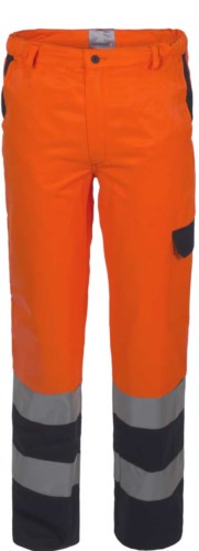 Pantalone alta visibilità bicolore con doppia banda su fondo gamba, certificata EN 20471, colore arancione/blu