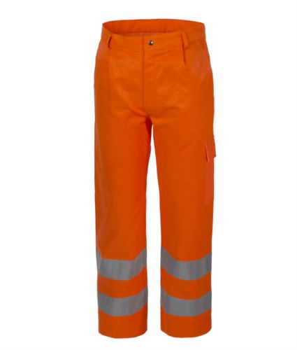 Pantalone alta visibilità, multitasche, doppia banda rifrangente al fondo gamba, certificata EN 20471, colore arancione