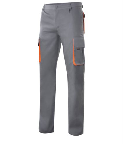 Pantalone bicolore multitasche da lavoro, profili di colore in contrasto sulle tasche, chiusura con zip e bottone