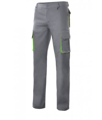 Pantalone bicolore multitasche da lavoro, profili di colore in contrasto sulle tasche, chiusura con zip e bottone