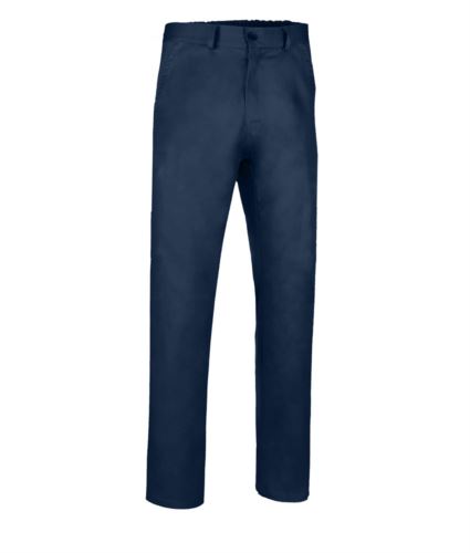 Pantalone classico da lavoro con tessuto elastico, quattro tasche con chiusura a zip e bottone, colore blu navy