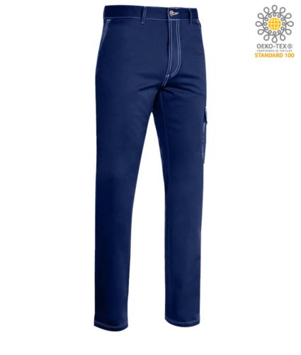 Pantalone da lavoro multitasche con cuciture a contrasto. Colore blu