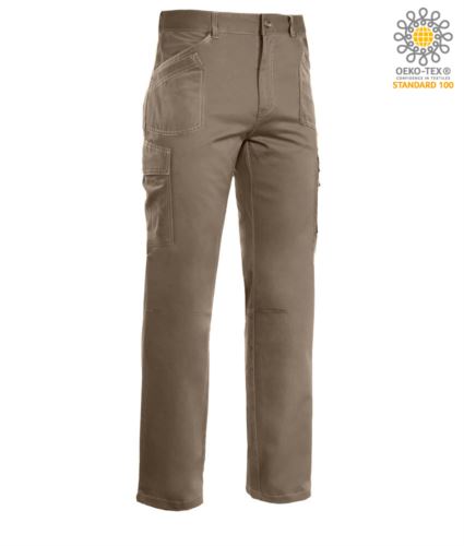 Pantaloni da lavoro multitasche, cuciture a contrasto 100% Cotone, colore beige