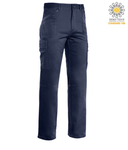 Pantaloni da lavoro multitasche, cuciture a contrasto 100% Cotone, colore blu