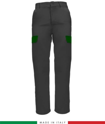 Pantalone multitasche da lavoro bicolore, profili a contrasto, due tasche anteriori, una tasca posteriore, made in Italy, colore grigio verde brillante