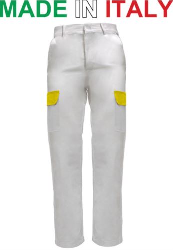 Pantaloni multitasche da lavoro bicolore bianchi, pantaloni multitasche made in Italy, abbigliamento da lavoro gastronomia
