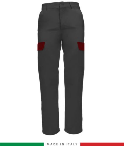 Pantalone multitasche da lavoro bicolore, profili a contrasto, due tasche anteriori, una tasca posteriore, made in Italy, colore grigio rosso