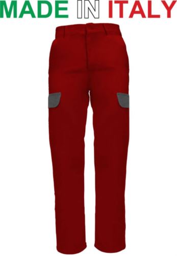 Pantaloni multitasche da lavoro bicolore rosso, abiti da lavoro sicurezza, pantaloni multitasche made in Italy