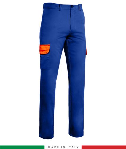 Pantalone multitasche bicolore. Made in Italy. Possibilità di produzione personalizzata. Colore: Azzurro Royal/Arancione