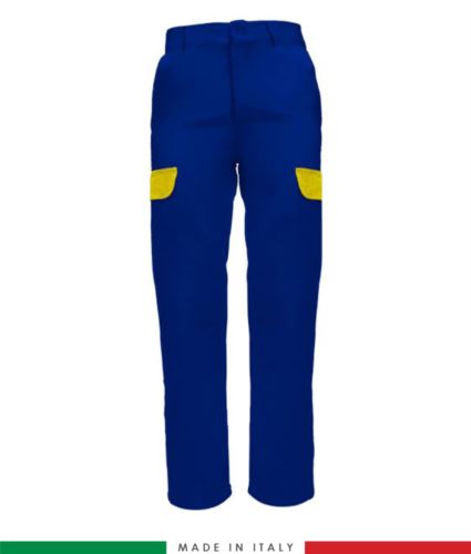 Pantalone multitasche bicolore. Made in Italy. Possibilità di produzione personalizzata. Colore: Azzurro Royal/Giallo